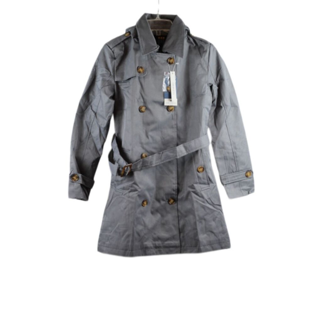 CREATMO US Gray Women's Trench Coat Double Breasted Detach Hood Small 028